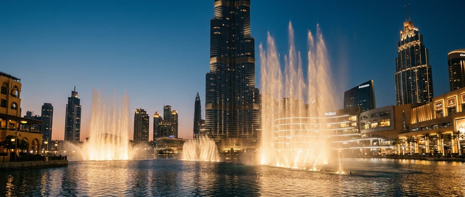 Vista do Burj Khalifa e da baixa do Dubai ao entardecer